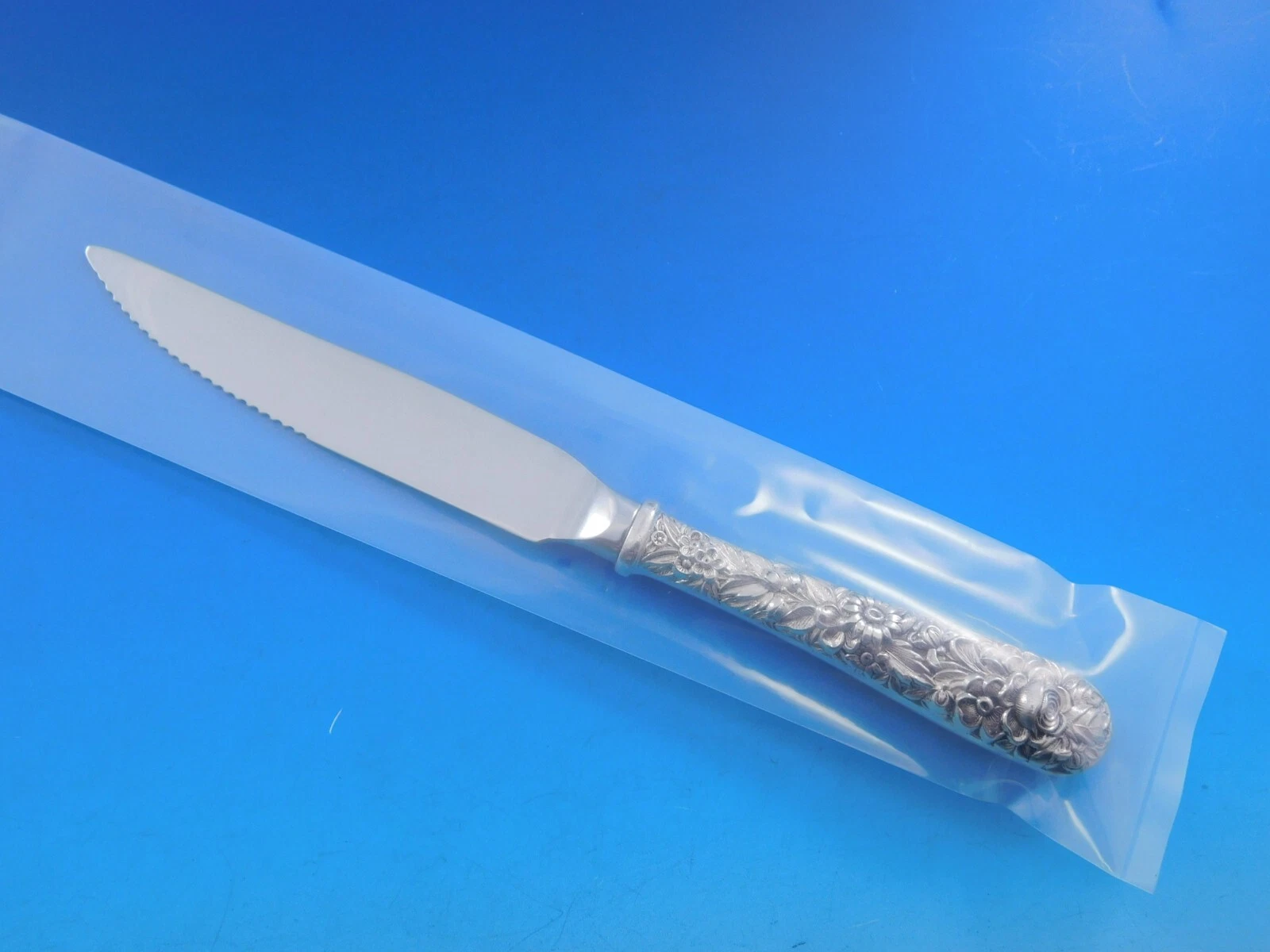 Repousse by Kirk Sterling Silver Steak Knife Serrated HHWS Custom 8 1/2"