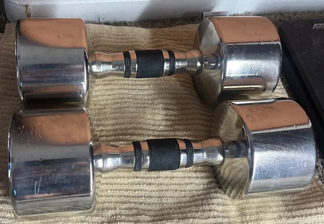 HAMPTON CHROME Pair Dumbbells with Handle 25 lbs Hand Weight Vintage Rare Steel