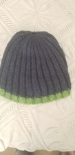 Boys Winter Knit Hat Navy with Green Trim Handmade