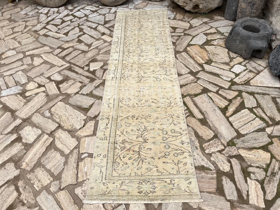 Tapete de corredor feito à mão Oushak 3x9 bege oriental tapete de lã corredor da Anatólia - Imagem 2 de 4