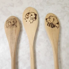 Set of 3 - Hand Decorated with a wood burning tool wooden Spoons. Dogs G4 USA