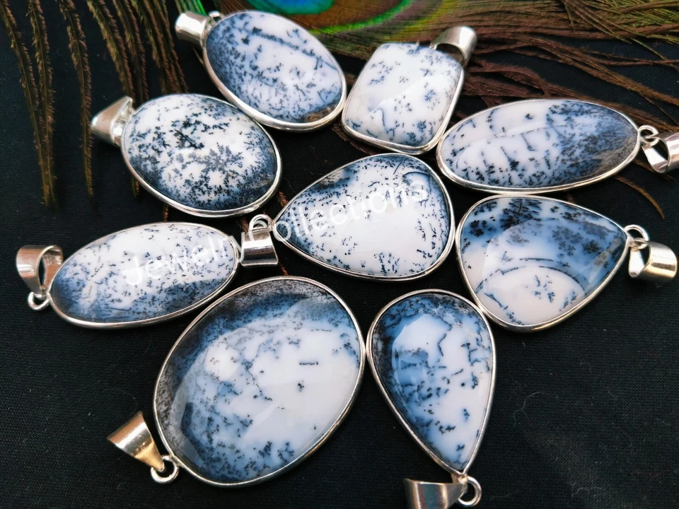 Colgantes de ópalo dendrita natural hechos a mano bisel colgante mujer joyería B121 Foto 3 de 4