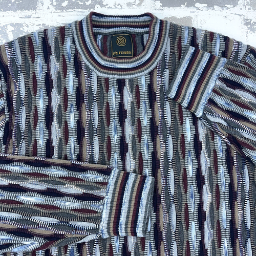 Vintage 3D Knit Sweater Men XL Gray Multi Textured Biggie Cosby Y2K Hip Hop - Picture 2 of 12