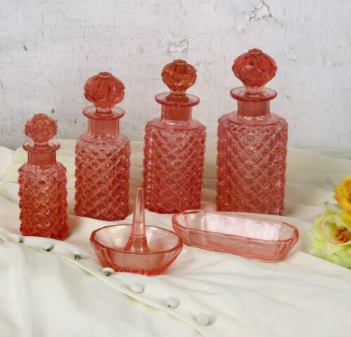Vanity Dresser set Depression glass Pink Bottle Ring holder 6 pieces - Picture 3 of 11