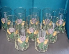 10 Libbey Crisa Tulips Glass Tumbler Set Vintage Pink Purple Pastel Flower Retro