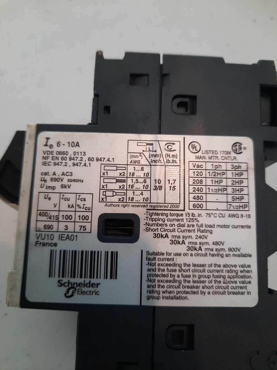 Schneider GV2ME14 Motor Circuit Breaker Ie 6-10A Ue 690V 50-60Hz Uimp 6kV