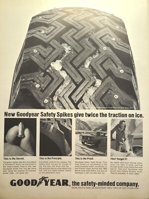Goodyear Tires Safety Spikes Traction On Ice Winter Akron Vintage Print Ad 1965