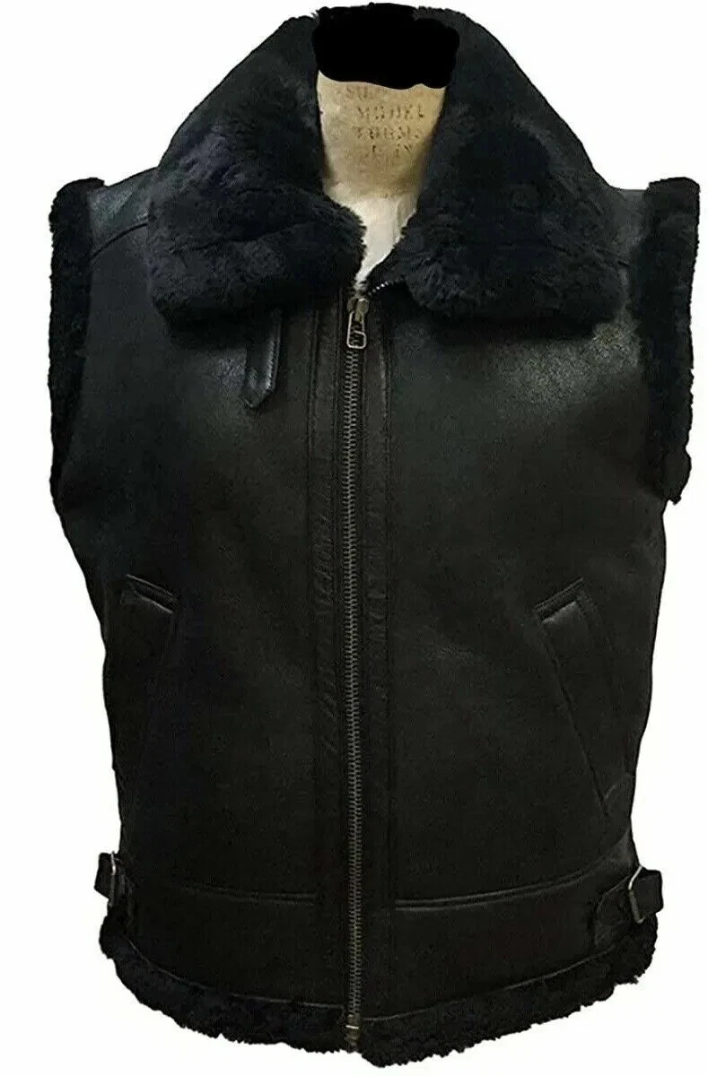 Men's B3 Leather Vest Genuine Lambskin Black Bomber Faux Shearling Vest Jacket