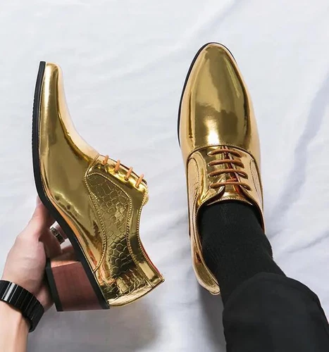Mens Shoes Size Gold Pointed Toe High Cuban Heels Lace Up Patent Leather Wedding - Picture 11 of 13