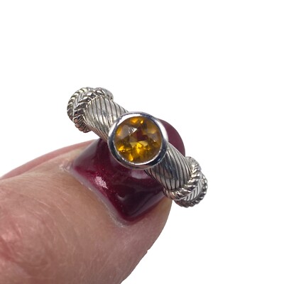 Judith Ripka Sterling Silver Citrine Round Stone Rope Bezel Ring