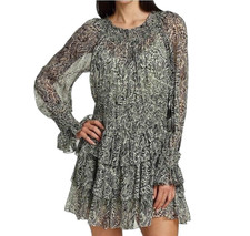 CINQ A SEPT Janelle Smocked Tiered Mini Dress Size 8 Ruffle Swirl Print Green