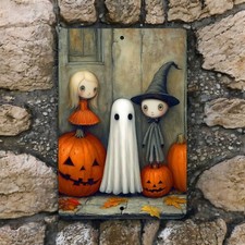 Halloween Ghost and Pumpkin Sign, 8x12 Metal Wall Art for Indoor or Outdoor