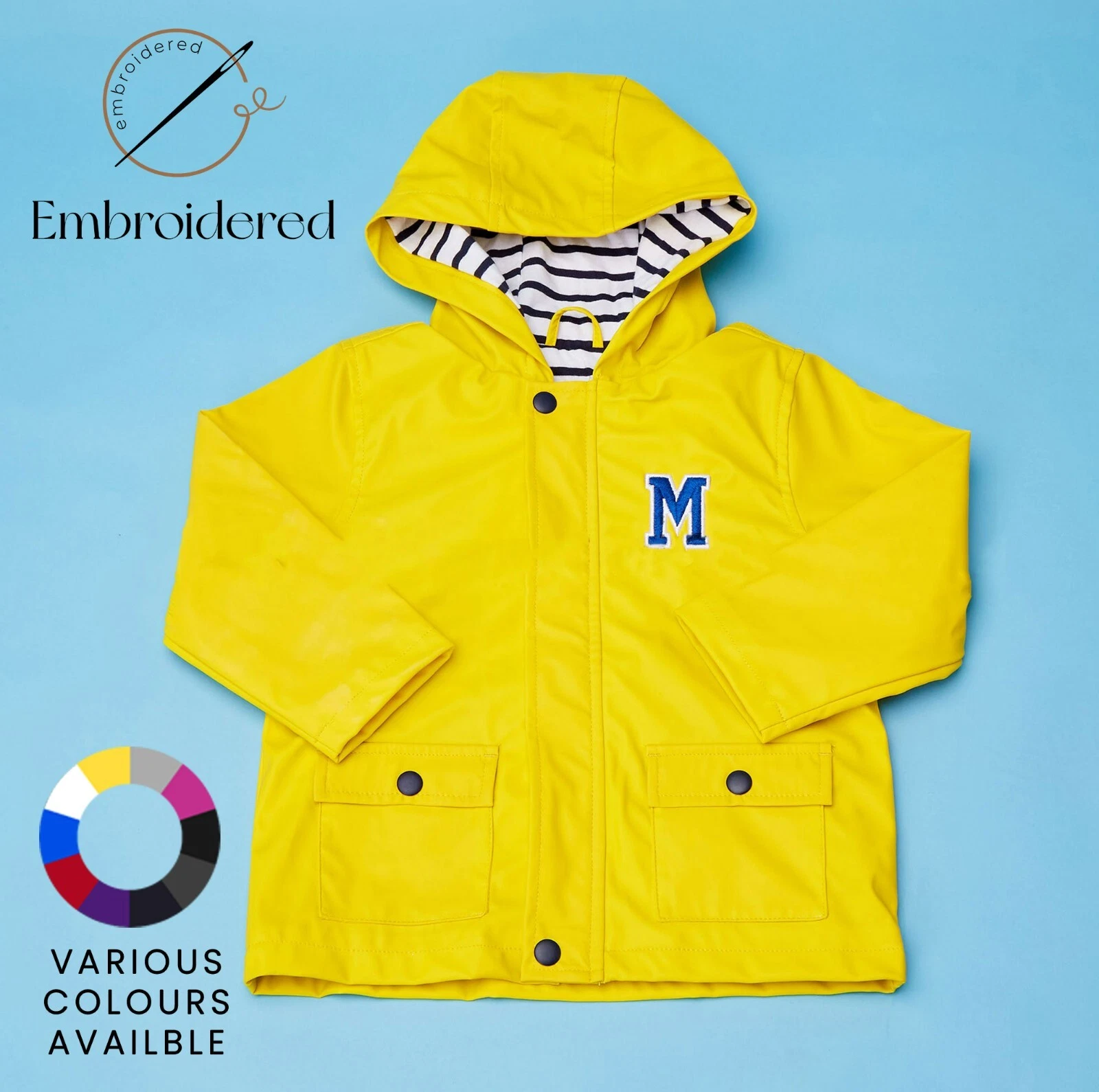 PERSONALISED VARSITY INITIAL EMBROIDED RAINCOAT KIDS CHILRENS GIFT IDEA