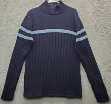 Nautica Sweater Men's M Navy Chunky Knit Striped Long Sleeve Mock Neck Pullover