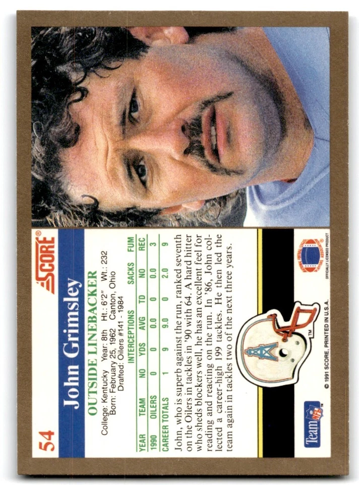 1991 Score John Grimsley Houston Oilers #54 - Image 2 of 2