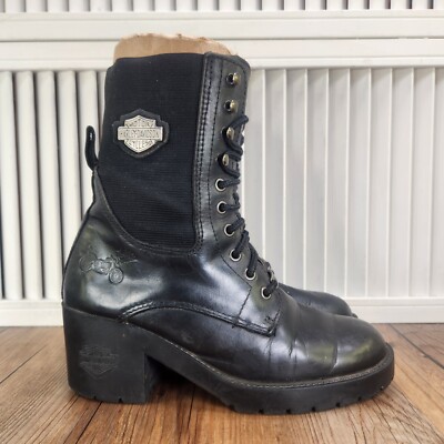 VTG Harley-Davidson Lace Up Heeled Boots Womens Sz Black Leather Biker  W32506