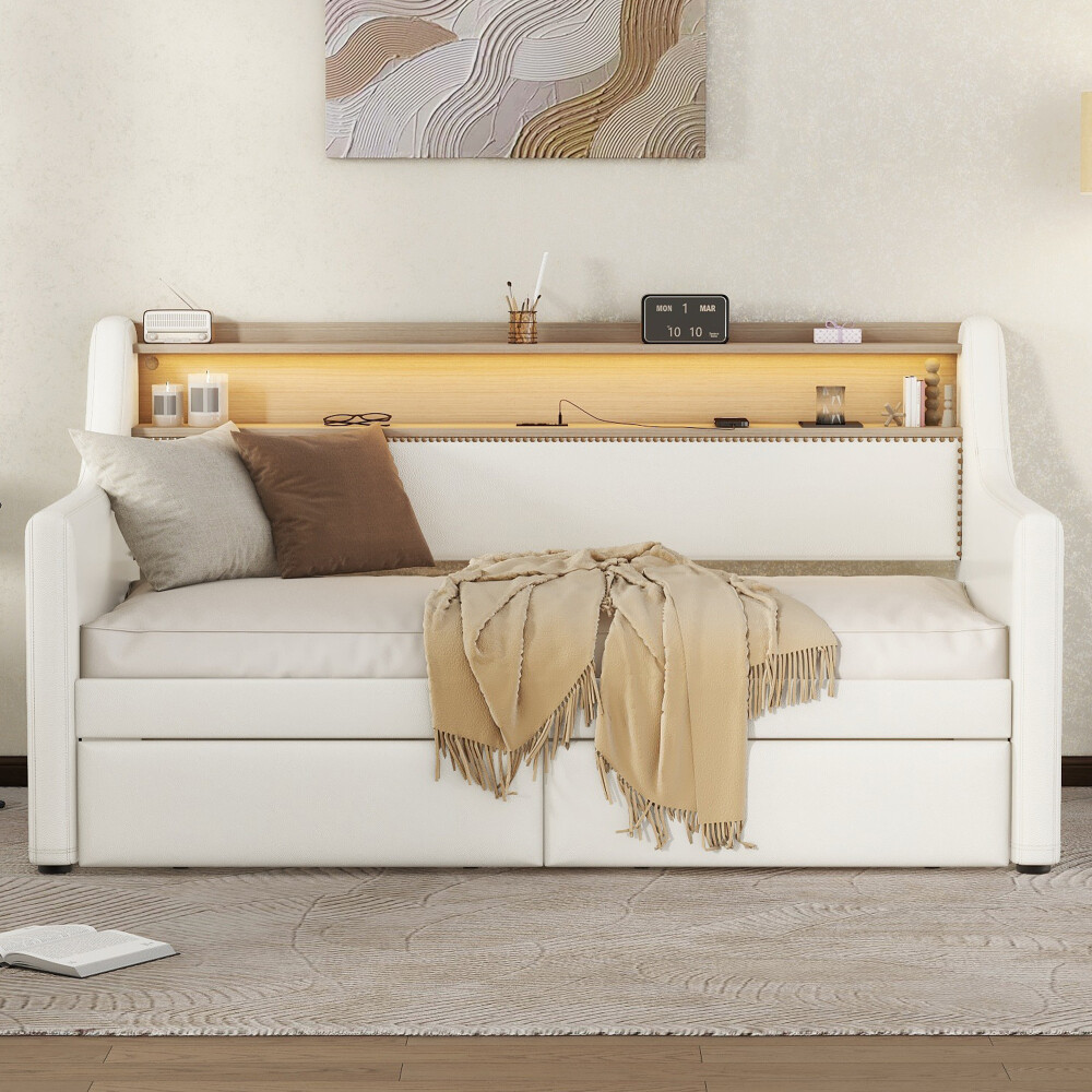 Twin Upholstered Daybed with Storage Drawers USB Charging and LED Lights in White-image
