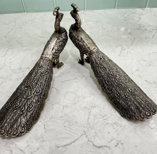 Pair of Vintage MCM Metallic Peacock Bird Figurines Statues Appr. 9”