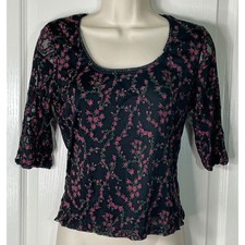 Vintage y2k Whimsigoth Fairy Floral Top Small Black Mesh 3/4 Sleeve Rosecore