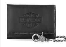 Harley Davidson Men's Embossed Bar  Shield Medium Trifold Wallet W/Chain MWM120