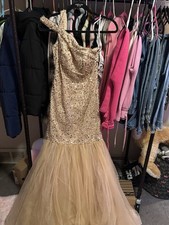 Kenneth Cole Gold Sequin One Shoulder Tulle Ball Gown Dress Long Formal