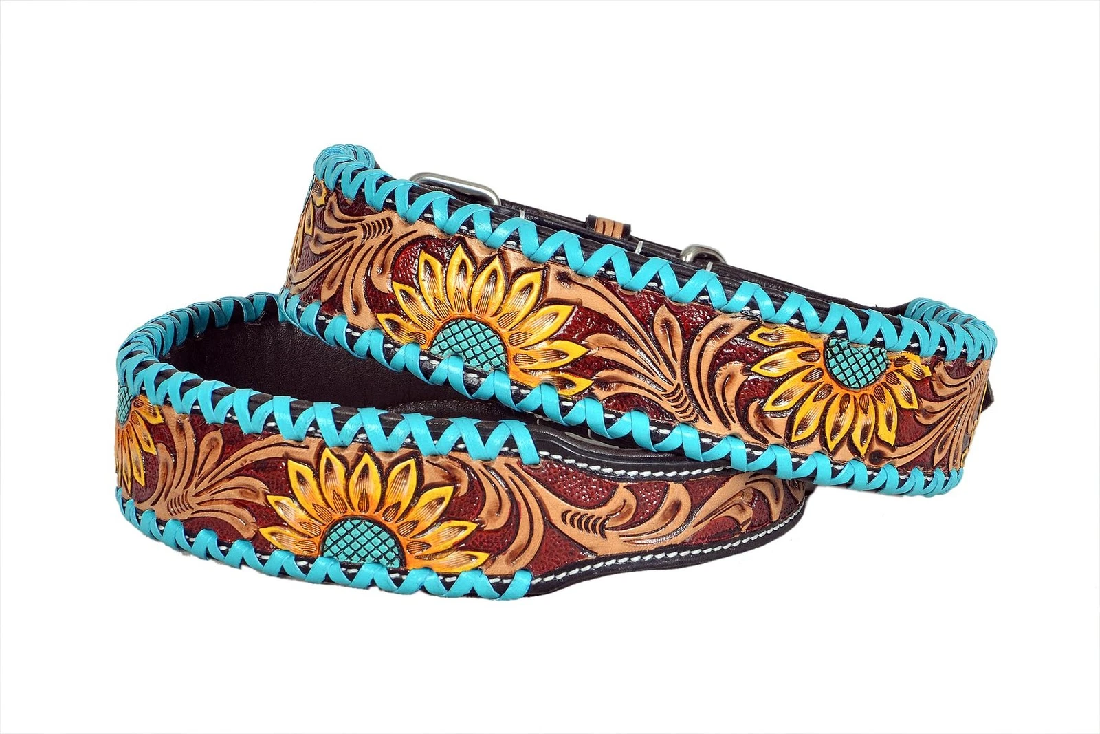 Affilare Leather Dog Collar Western Style Heavy Duty Sunflower Tooled Floral