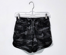 Athleta Girl Play More Shorts XL 14 Black Gray Camo Pockets Zip Drawstring Logo