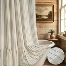 Farmhouse Shower Curtain with Ruffle, Green Striped Linen Shower Curtain Set ...