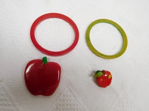 Lot Vintage Bakelite Jewelry Bracelets & Apple Pins 1 Apple with worm