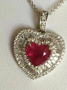 Authentic 14K White Gold Plated Heart Cut Lab- Created Ruby & Diamond Pendant Necklaces