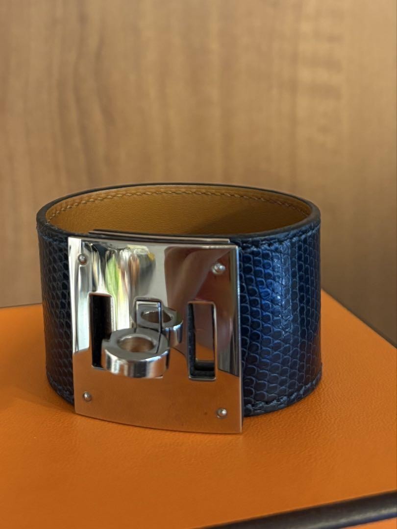 Hermes Kelid Dog Lizard Bracelet Navy Excellent Used Boxed 7.8in Auth