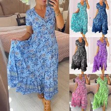 Ladies Plus Size Summer Beach Long Dress Floral Holiday V Neck Maxi Dresses