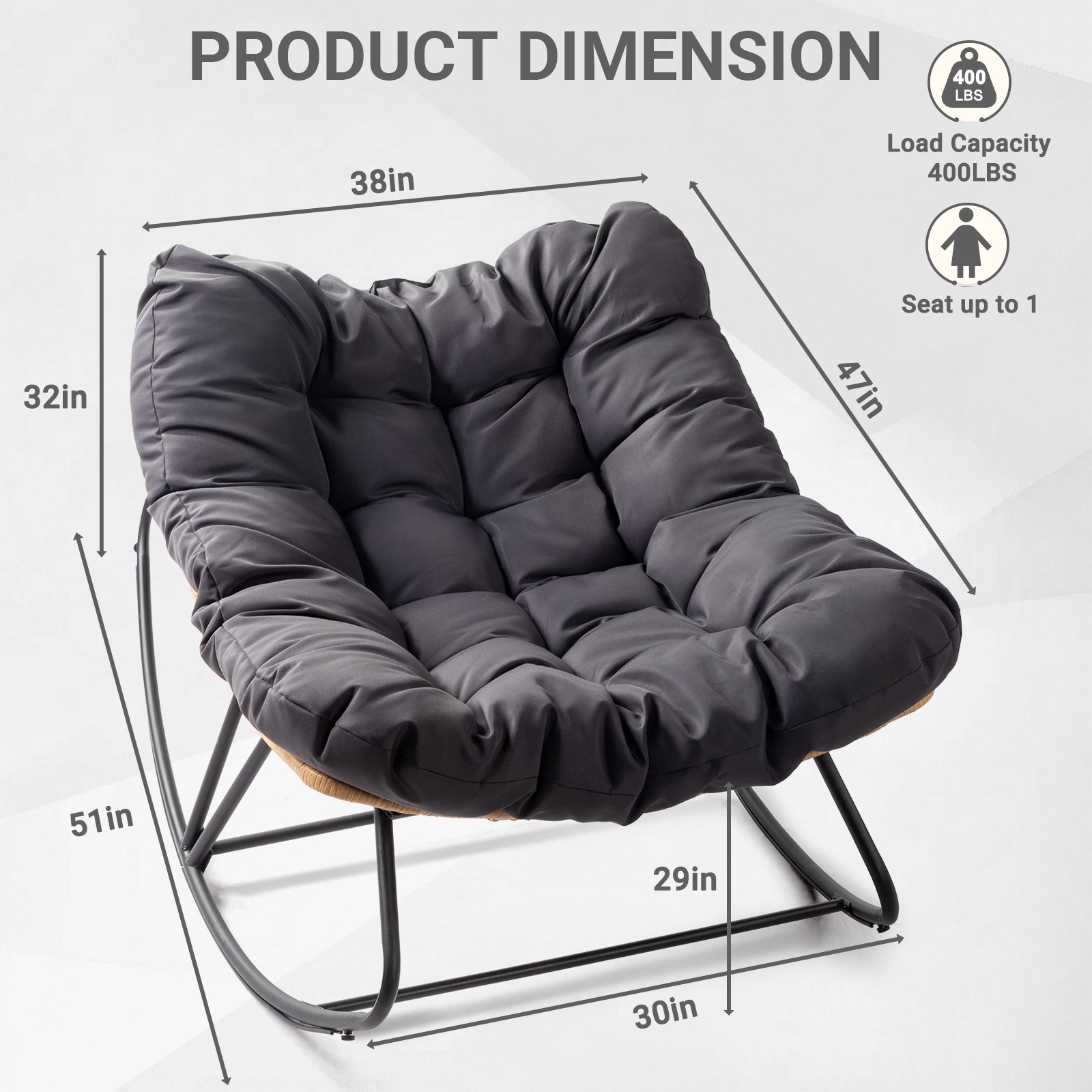 In/Outdoor 38inch Rocking Oversized Patio PE Wicker Egg Rattan Lounge Chair