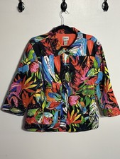 Chicos Jacket Black Floral Blazer Tropical Button Artsy Colorful Fun Size XL 3 