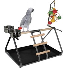 Parrot Bird Perch Table Top Stand Metal Wood 2 Steel Cups Play for Medium and...