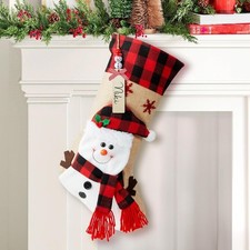 Personalized Christmas Stocking with Name Tag Snowman Burlap Plaid Xmas Stocking
