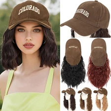 Baseball Hat Synthetic Hair Attached For Women Wig Cap 8” Wavy Hair Brown Cap US