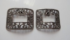 Antique Pair Silver Tone Metal Shoe Buckles Vtg Rectangle Floral Filigree Clip