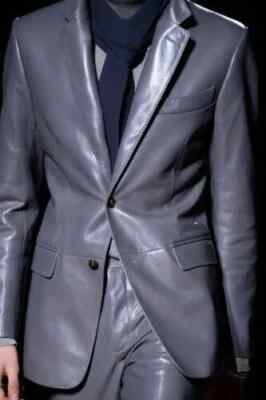 Classic Business Decent Gray Genuine Lambskin Button Formal Men Leather Blazer