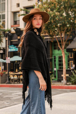 Button Neck Fringe Poncho Kimono Dress Open front Wrap Robe Winter Cardigan 
