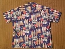 VINTAGE RJC HAWAIIAN SHIRT XL BLUE FLORAL SURF BOARDS BEACH SCENES EXTRA LARGE