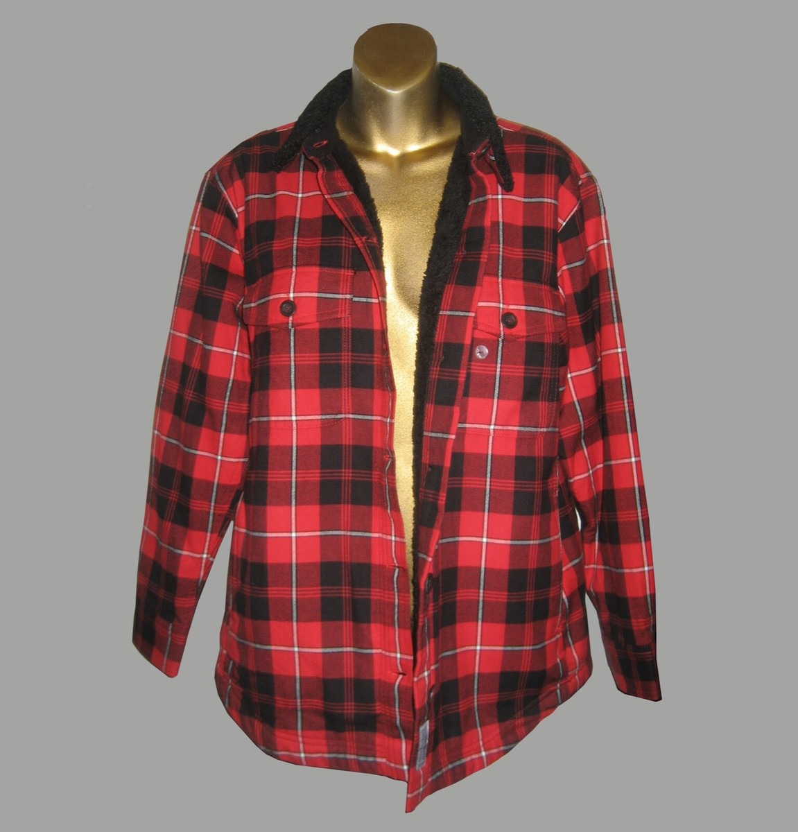NEW EDDIE BAUER THK RED PLAID FLANNEL JACKET w/SHERPA COLLAR+