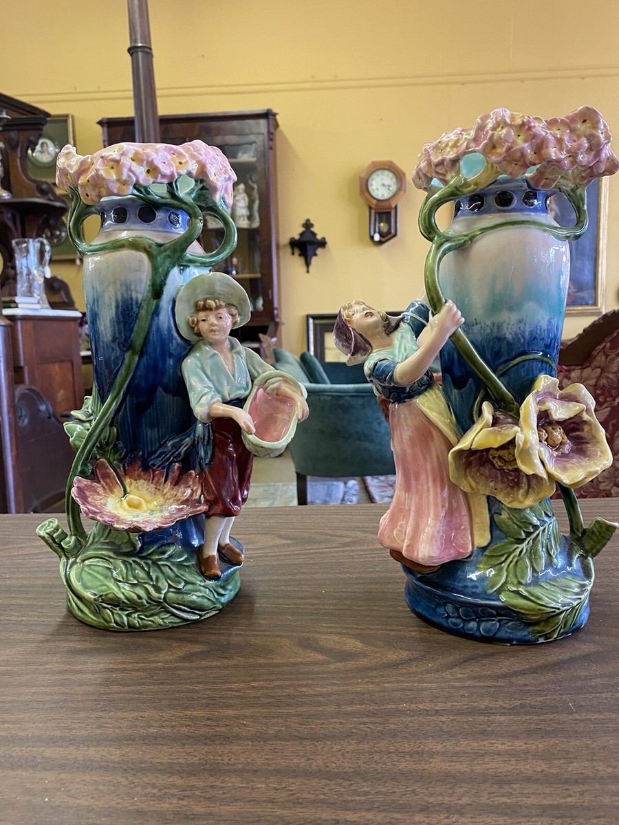 Antique 12” Royal Dux pair art nouveau majolica portrait Figural