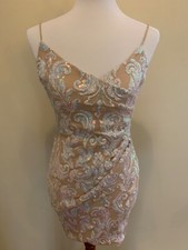 Windsor Brand Special Occasion Short Dress Tan White Sequins Party Cocktail