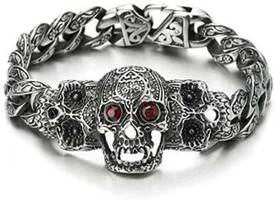 Skull Bracelets Vintage Skull Charm Red CZ Eyes Curb Chain