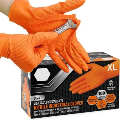 8Mil Heavy Duty Orange Nitrile Gloves Diamond Grip Industrial Mechanic Work Use