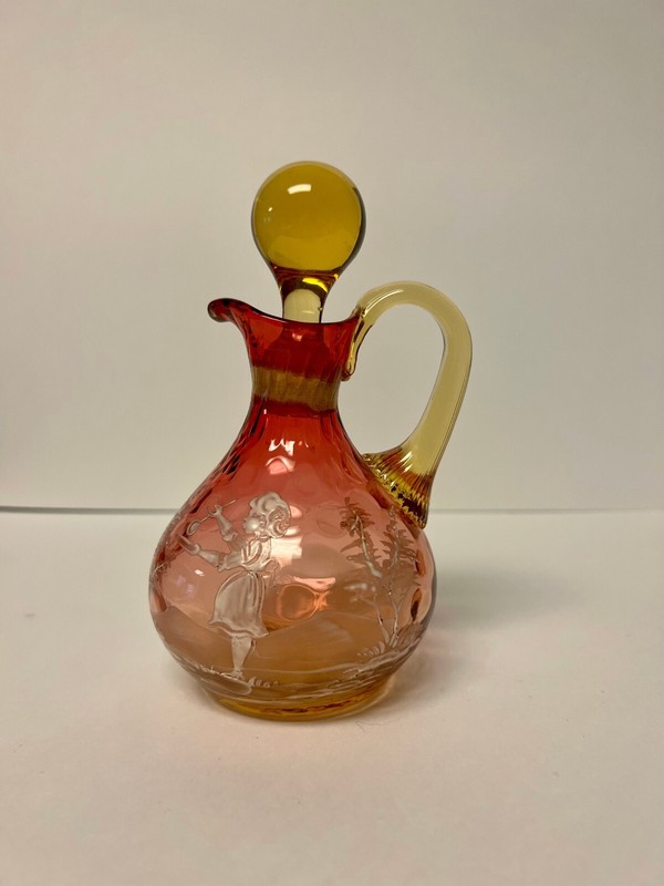 "Amberina" Class Cruet with Quilted Dot Optic and Mary Gregory White Enamel. 