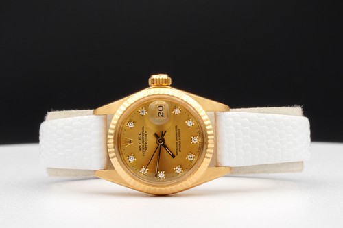 Lady Rolex Datejust 18K Yellow Gold Watch Champagne Dial White Leather Band 6917 - Picture 4 of 7