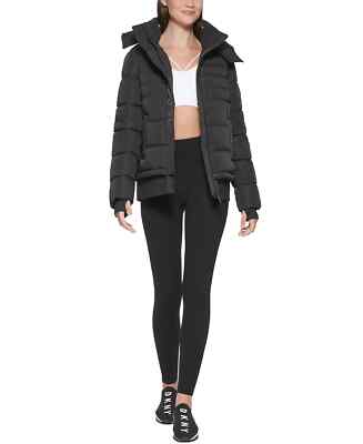 DKNY SPORT Women's Ribbed Hooded Puffer Jacket 2022  DP1J9079 - Black - Size XL