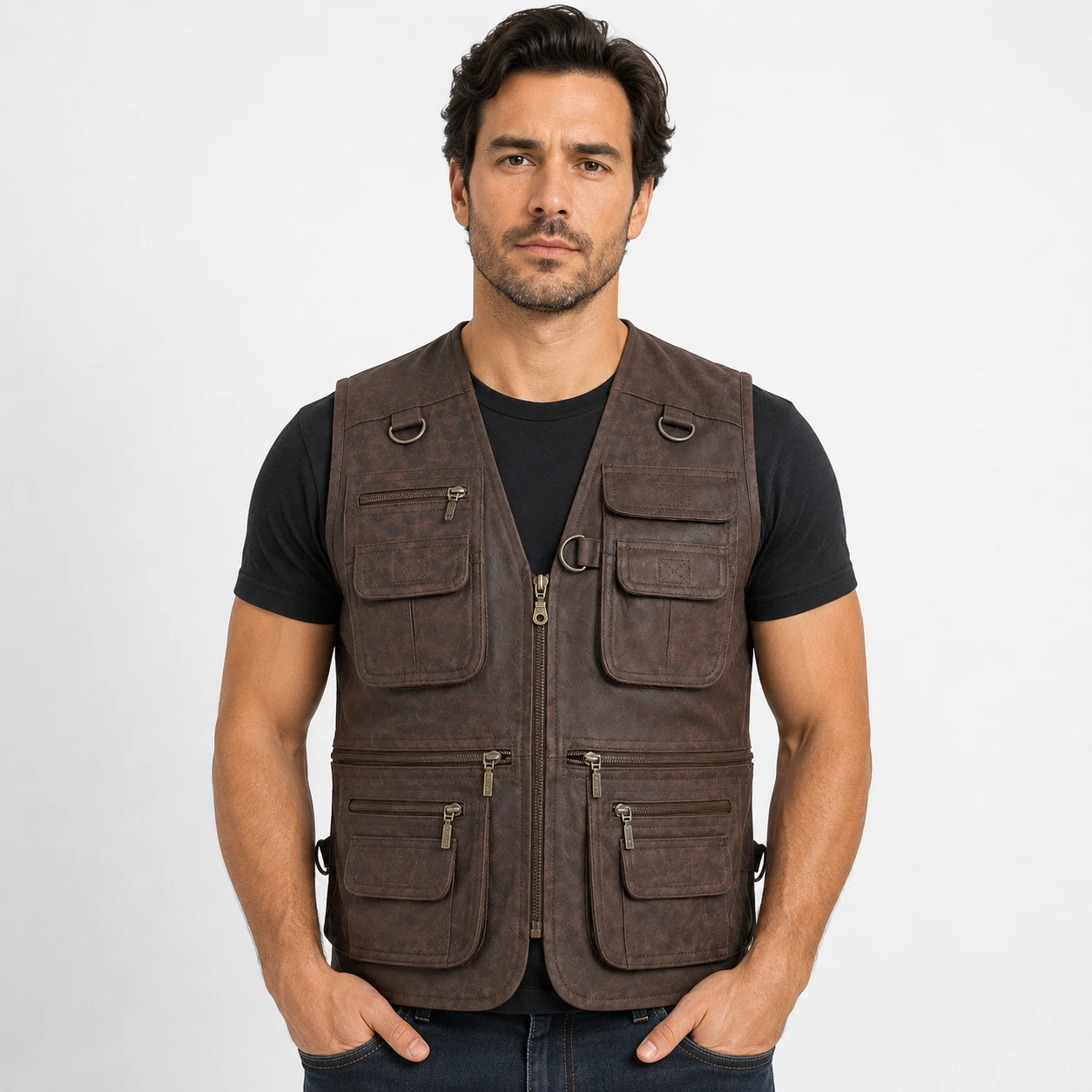 Men's Genuine Cowhide Leather Biker Vest Red Trim Zip Front Moto Club Slim Fit